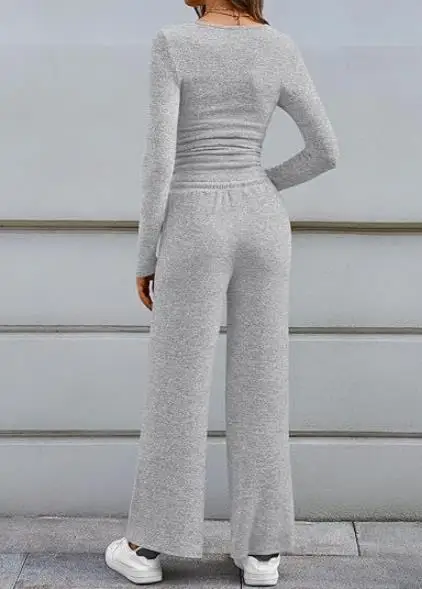 

Autumn 2025 New Women's Slim and Simple 2-Piece Set of Small V-Neck Button Tight T-Shirt and High Waisted Straight Leg Pants Set