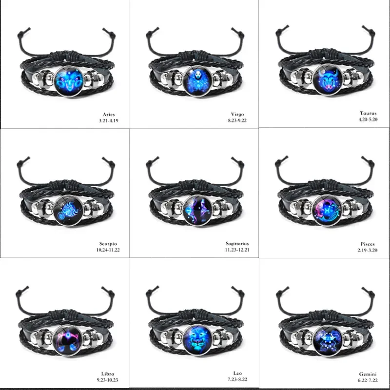 12 Constellation Zodiac Sign Charm Luminous Bracelets Men Women Vintage Multilayer Wrap Leather Bracelet Gift pulsera hombre