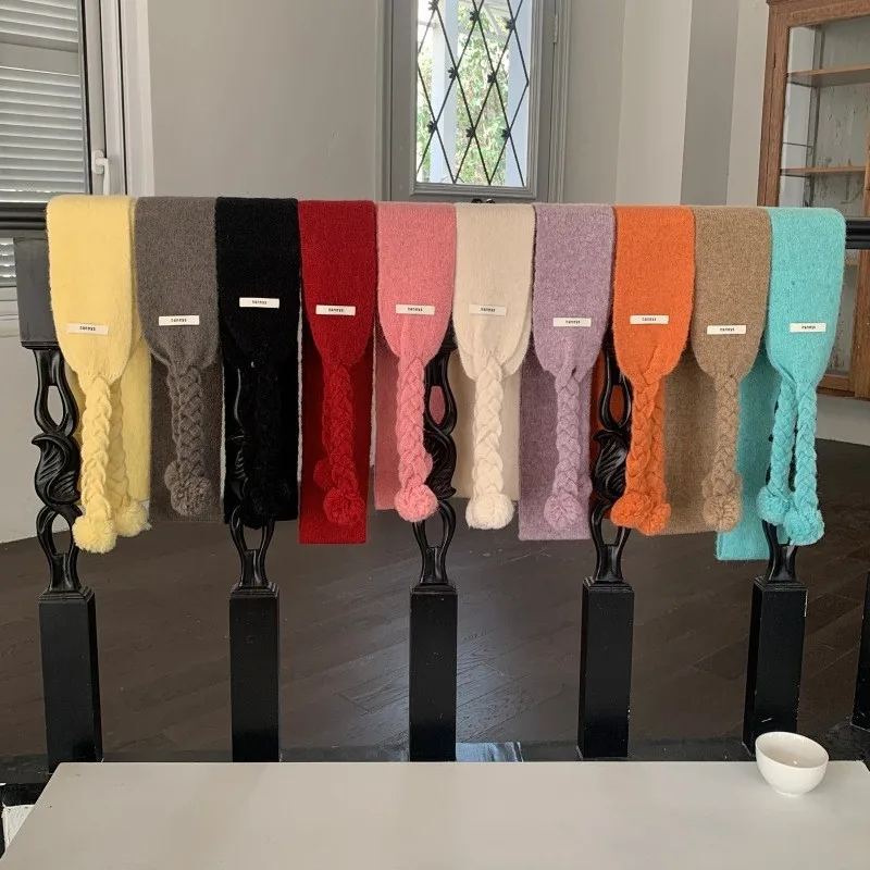 

Korean Solid Color Braided Pom-pom Knitted Mini Scarf Autumn Winter Women Fashion Soft Cute Neck Warmer Female Muffler Girl Wrap