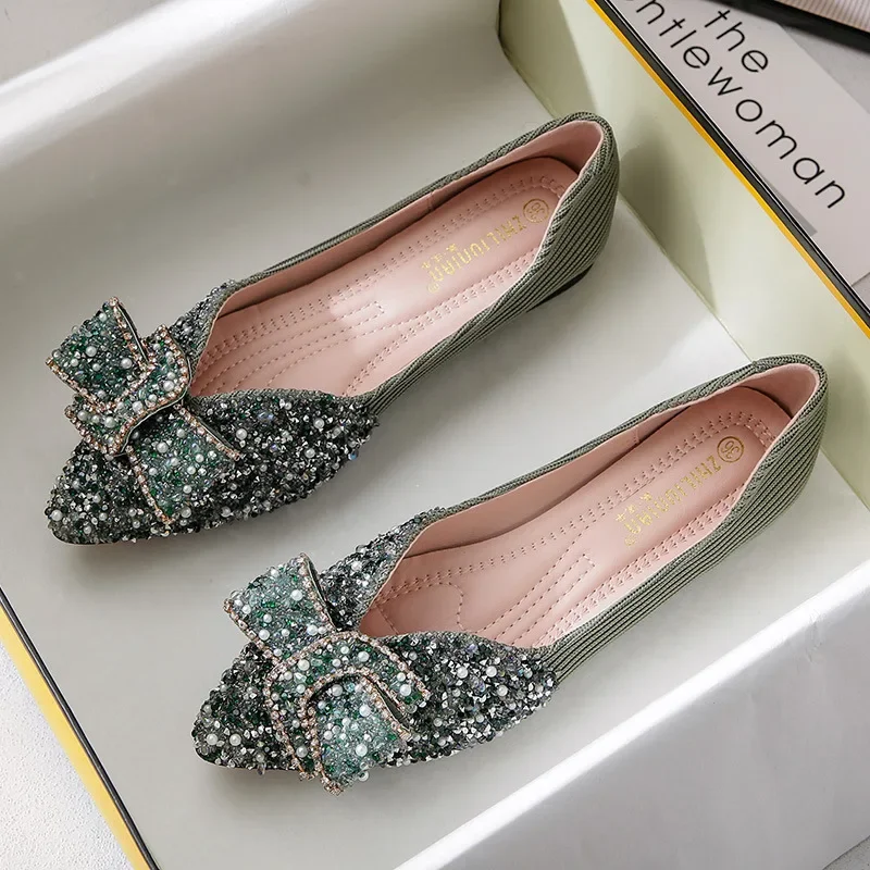 Women'sCasual Shoes Rhinestone Butterfly-knot Metal Decoration Pointed Toe Flat with Spring Shallow Mouth Rhinestone Women Shoes