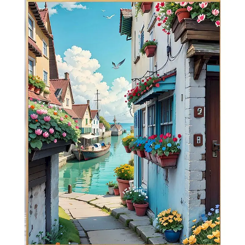 

Coastal Town Painting By Numbers Kit Acrylic Paint DIY Frame Coloring By Numbers Seaside Street Picture HandPainted Home Decorat