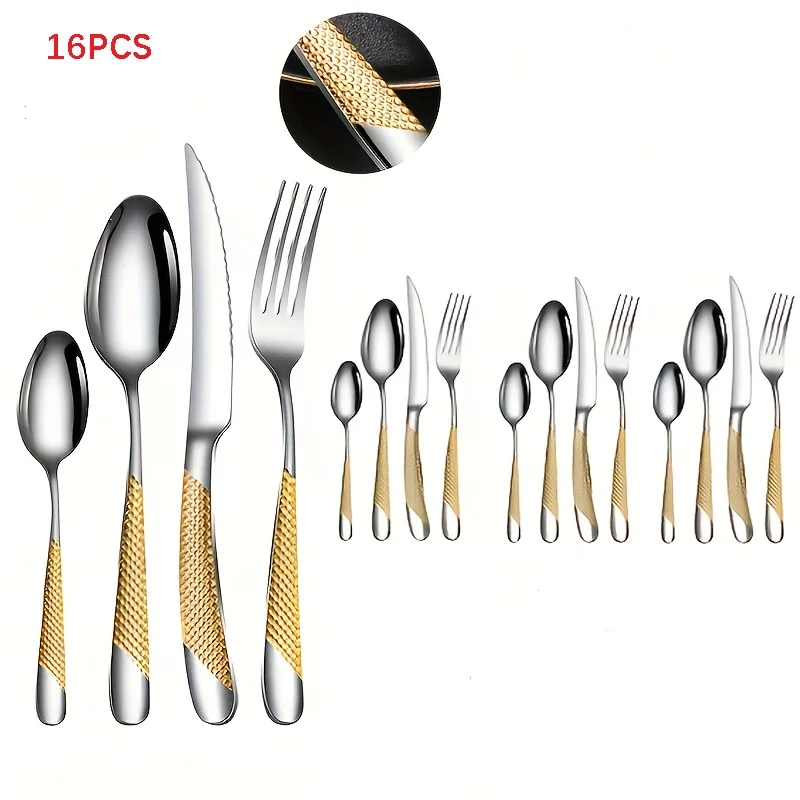 

16pcs stainless steel tableware set, including steak knife, dinner fork, spoon and tea spoon - ideal for home and tableware