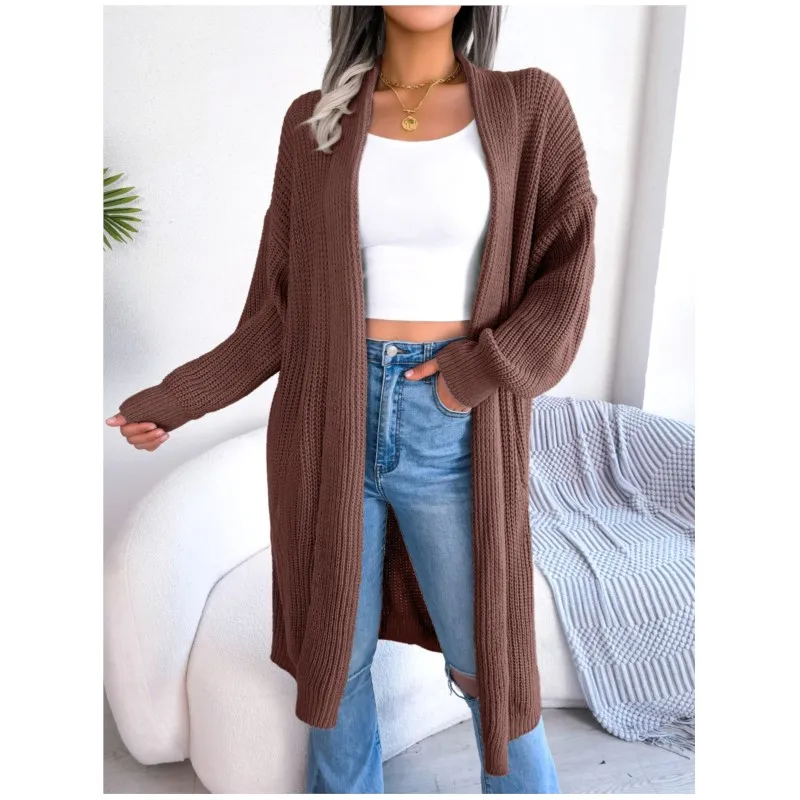 Women\'s Autumn And Winter Casual Versatile Collar Long Jacket Solid Color Cardigan Buttonless Long Sleeved Loose Sweater Coat