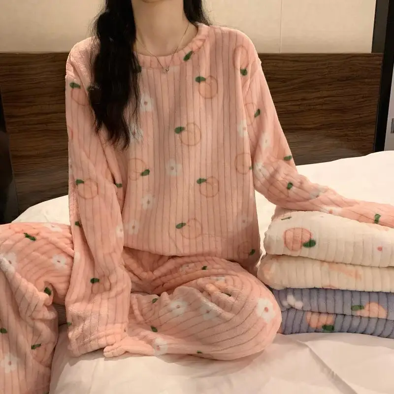 Women's warm long sleeved long pants pajama set girls autumn winter new style cardigan Chinese style home clothes two-piece set
