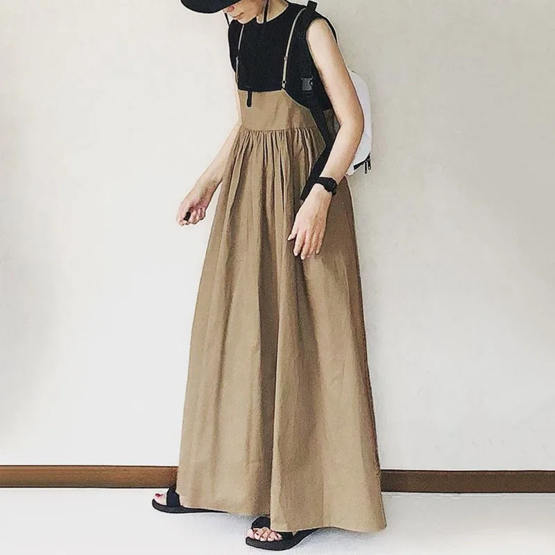 

Korean Style Summer Dress 2024 New Fashion Casual Loose Spaghetti Straps Long Dress Solid Color Oversize Japanese Lady Dresses