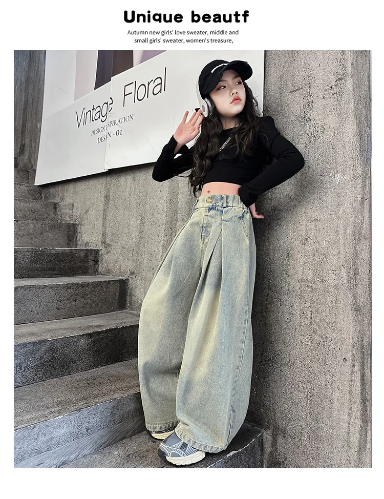 5-14 Jahre Mädchen-Jeans Frühling Herbst Junior Kinder Vintage Street-Style Weite Bein Denim-Hose Koreanische Teenager Streetwear Hose – Detail 8