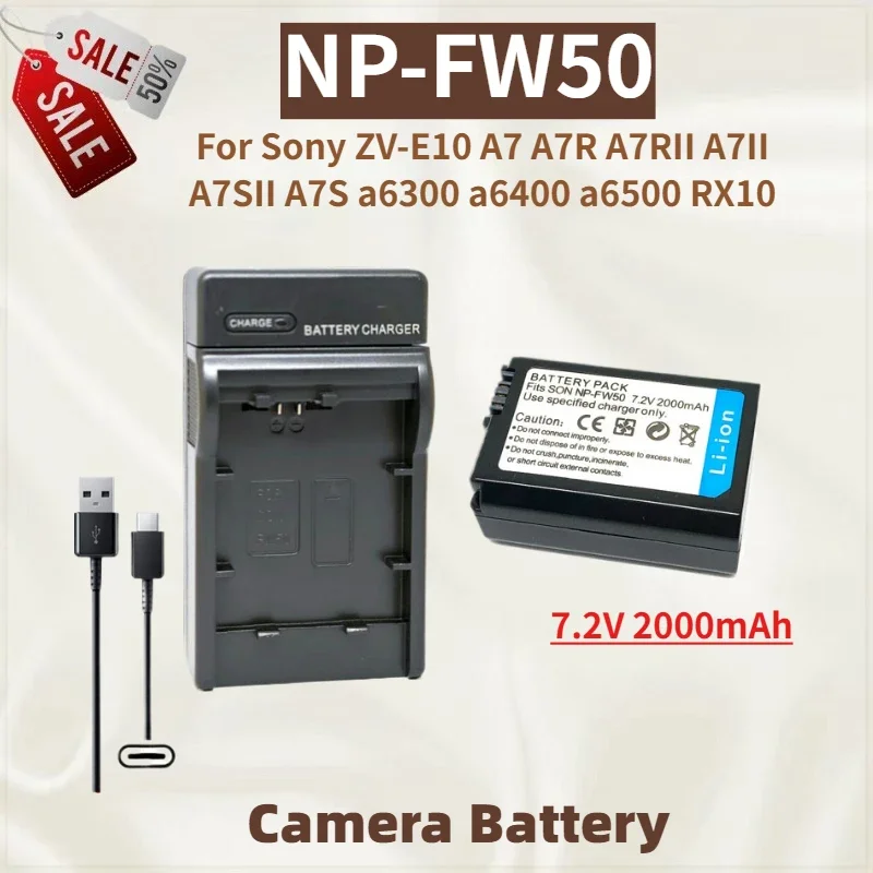 

High Quality NP-FW50 Camera Battery 7.2V 2000mAh and Charger for Sony ZV-E10 A7II A7SII A7S A7 A7R A7RII a6300 a6400 a6500 RX10