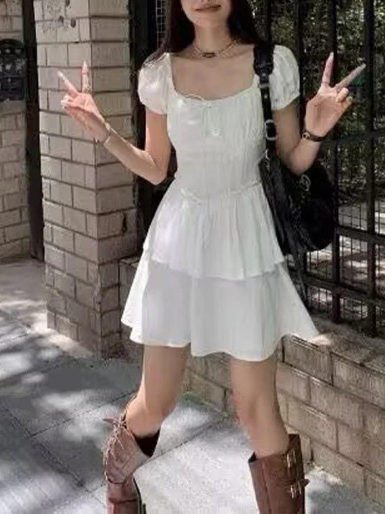 Europäischen stil neue frauen mode temperament weiß quadrat kragen krawatte taille abnehmen holz ohr rand kleid