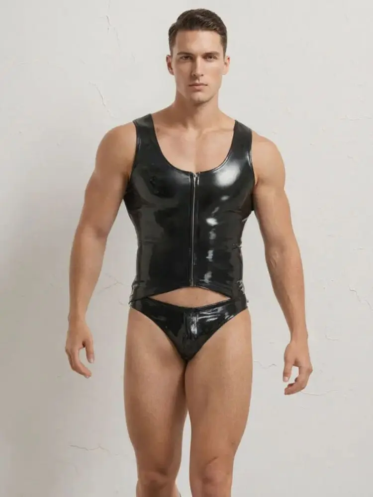 

S-4XL Double Sided Shiny Matt PU Leather Tank Top Wet Look PVC Sleeveless Shirts Tights Fitness Tanktop Shapers Waistcoat Tshirt