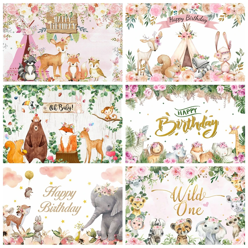 Tropical Jungle Safari Animals Backdrop Girl Wild One Forest Flower Baby Shower Birthday Photography Background Photo Studio