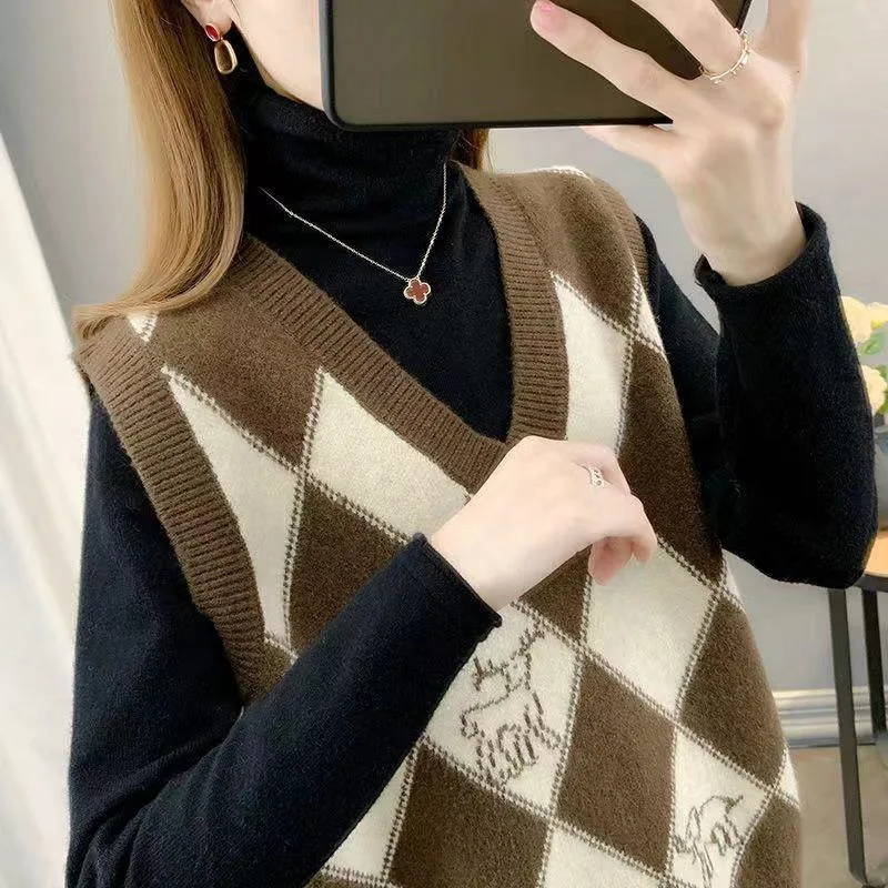 Autunno inverno donna Vintage Argyle semplice Casual simpatico cartone animato modello allentato scollo a v maglione lavorato a maglia gilet tutto