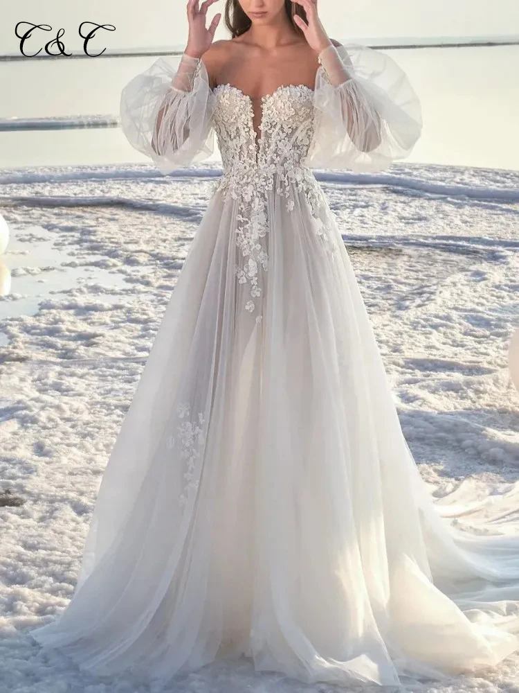 C&C A Line Tulle Brides Wedding Dress Puff Long Sleeve Floral Applique Bride Dress Beach Off ShoulderBohemian Wedding Gown