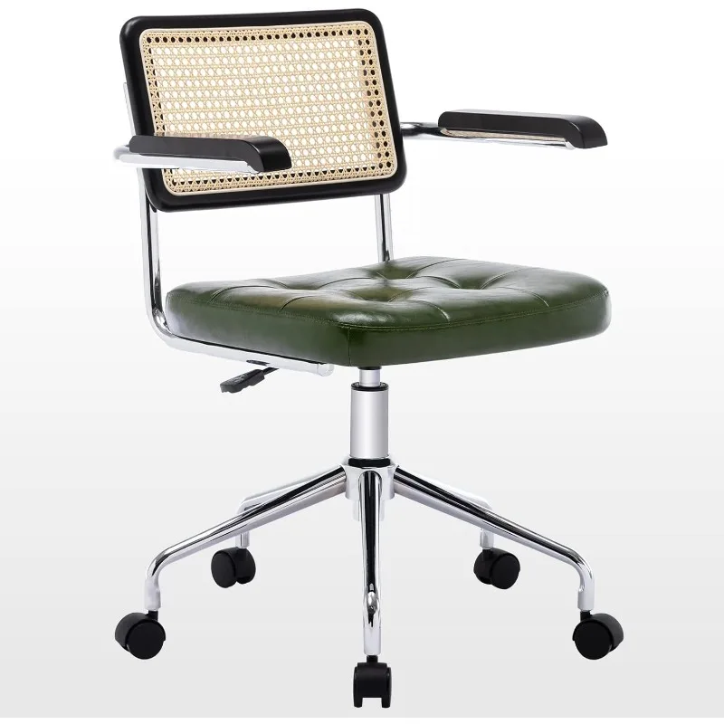 

Modern Rattan Back Office Chair Adjustable Height Swivel Desk Chair with Tufted Leather Seat for Home Office Bedroom