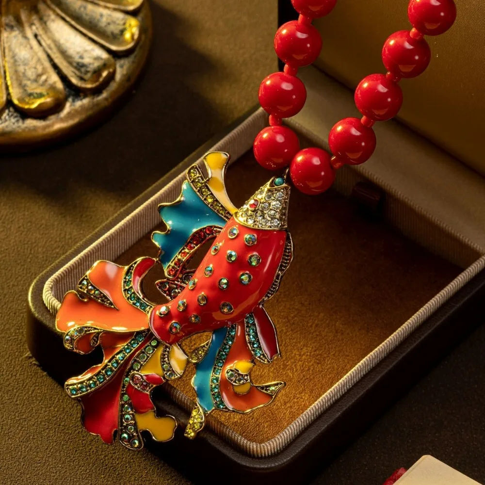 Medieval Jewelry Retro National Style Enamel Drop Glaze Goldfish Design Pendant Elegant Niche Personality Exaggerated Necklace
