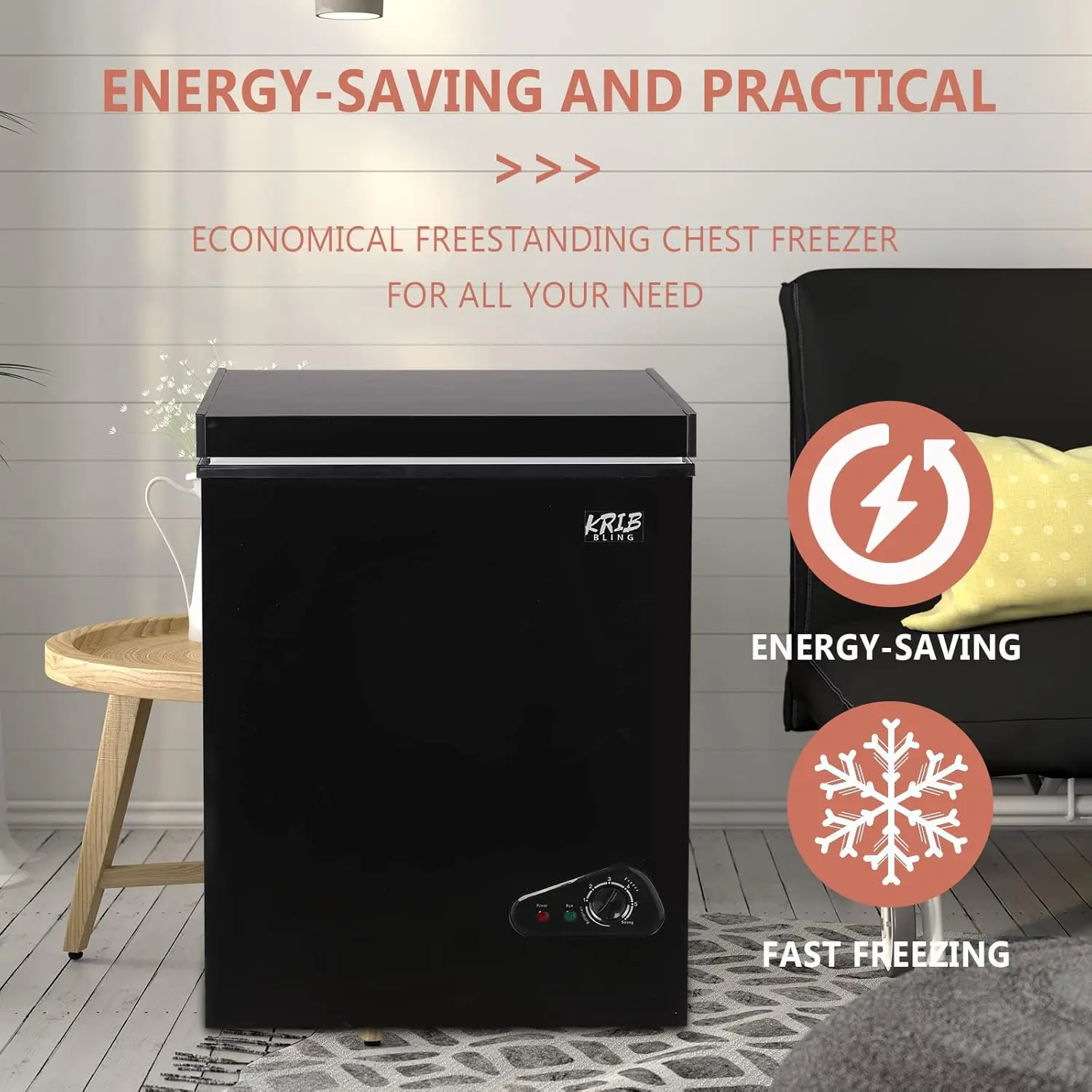 KRIB BLING 3.5 Cu.Ft Compact Chest Freezer with Removable Basket, Krib Bling Top Door Open Freestanding Deep Freezer with 7 Gear