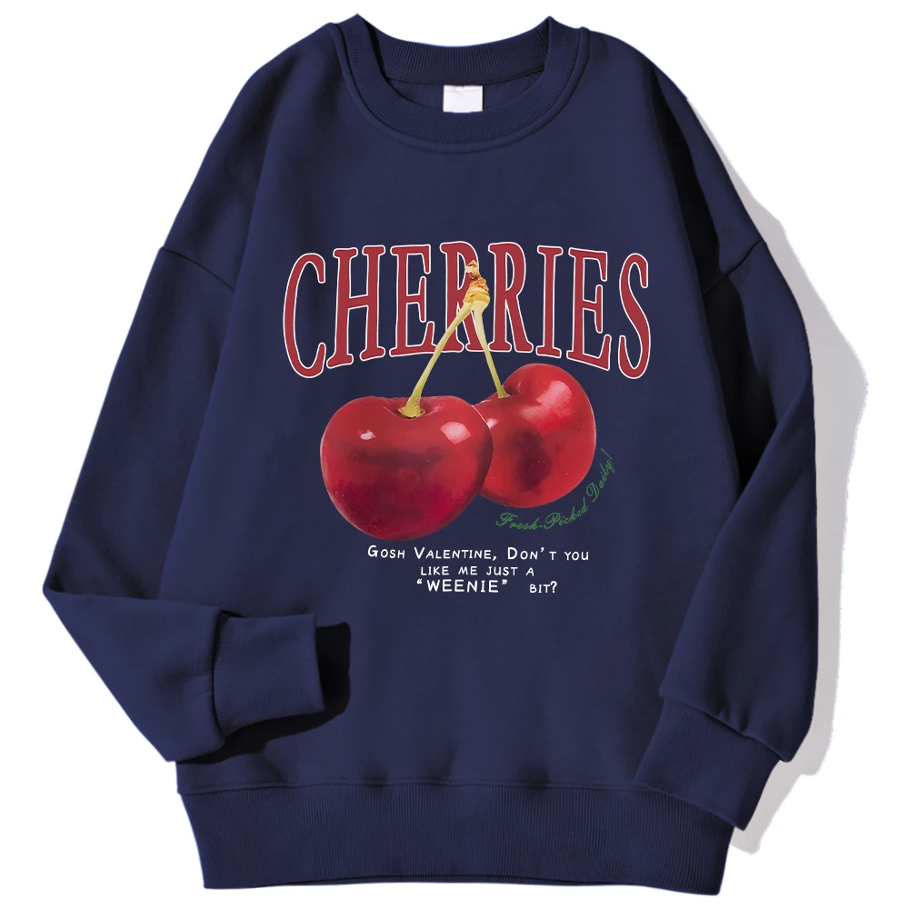 Autumn Winter Womens Sweatshirt Fresh Red Cherries Printing Pullover Loose Crewneck Warm Comfortable Hoodies Street Clothing