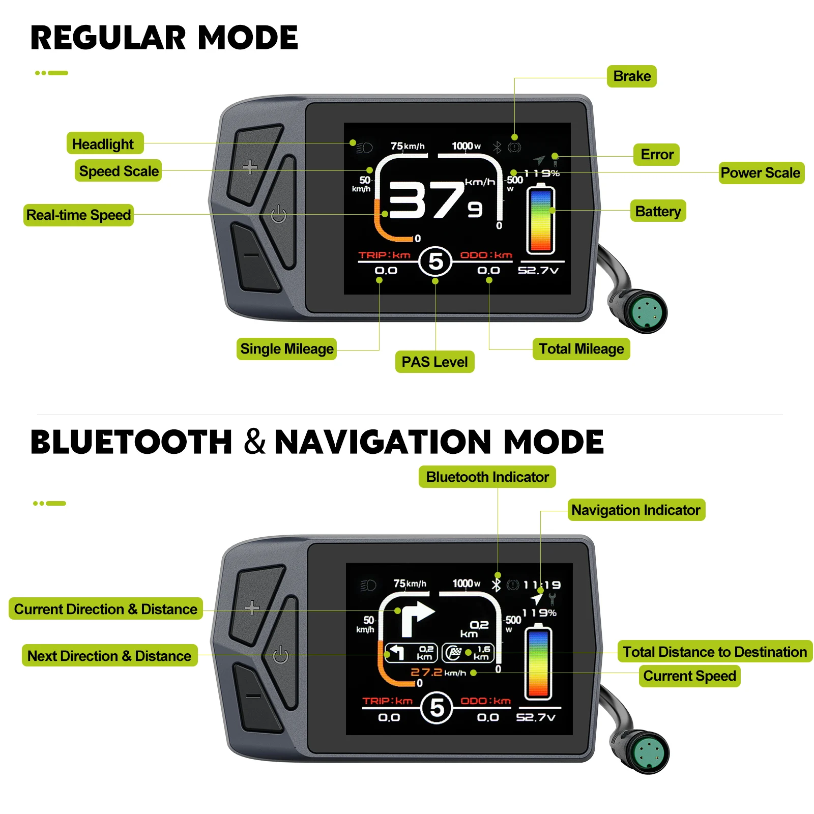 Electric Bike Display EKD01 Bluetooth Navigation Multilingual eBike Computer 9 PAS For BAFANG Motor UART Protocol 5PIN Female