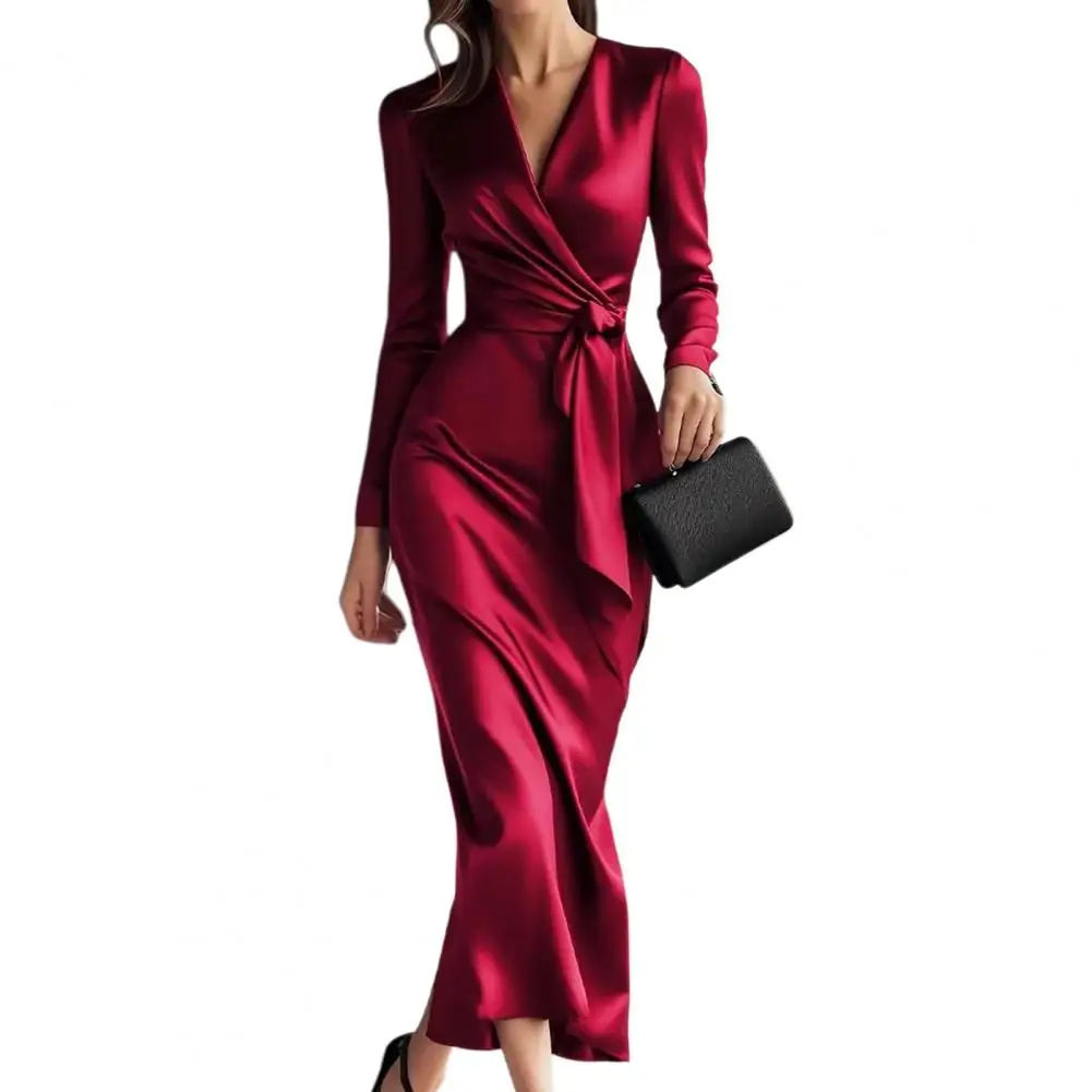

Women's Wrap Satin Silky Midi Dress Long Sleeve V-Neck Tie Waist Formal Dress Cocktail Party Wedding Guest Dress