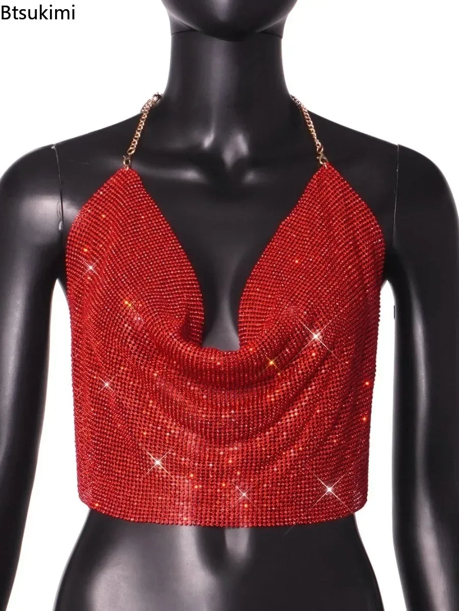 2024 Women's Sexy Metal Glitter Rhinestone Top Spaghetti Strap Deep V Hollow Out Handmade Tank Tops Crystal Diamonds Nightclub