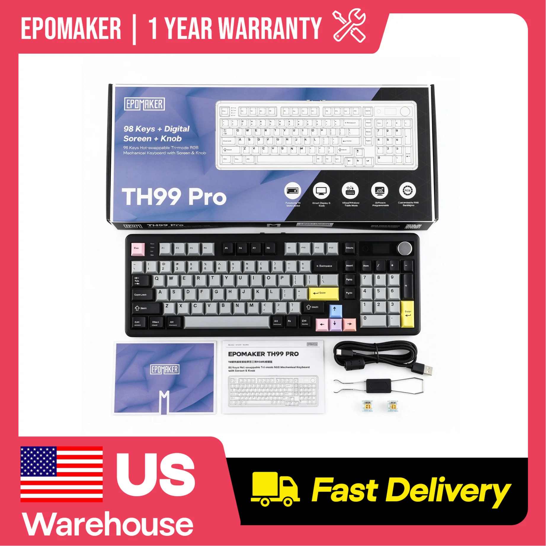 EPOMAKER TH99 PRO 1800 Compact Layout Gasket Tri-Mode Wireless Mechanical Gaming Keyboard with 10000mah Battery & Screen/Knob