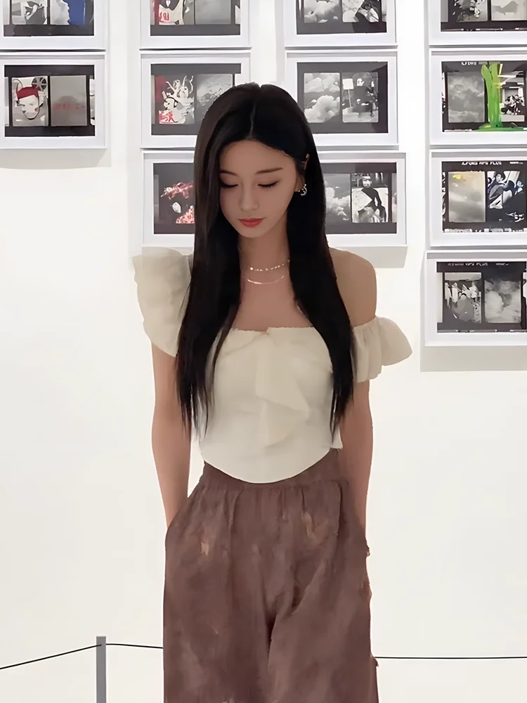 

Summer New Style Women's Short Sleeve One Shoulder Shirt Fishbone Design Lace Regular Fit Short Length Fashionable Top