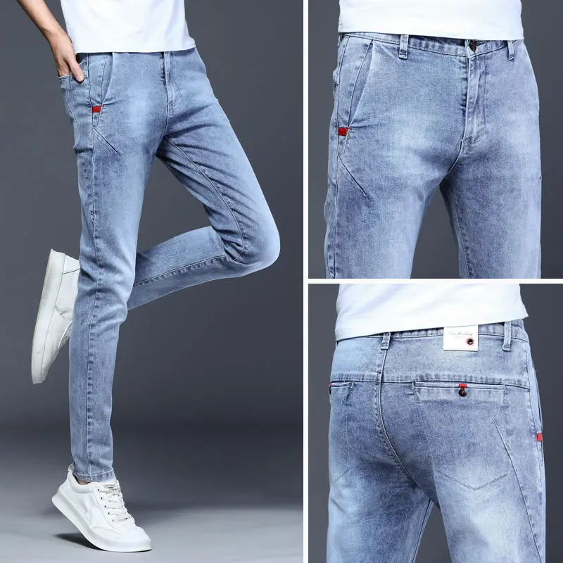 

Джинсы Slim Fit с прямыми штанинами, мужские модные легкие эластичные осенние тонкие джинсы, повседневные длинные брюки, молодежные брюки со средней талией на молнии