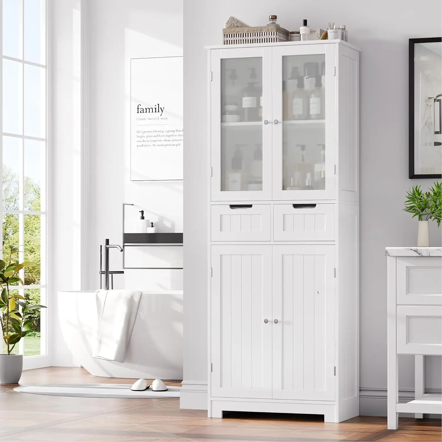 

US Shipping Tall Bathroom Storage Cabinet with Glass Door and Shelves, Freestanding Linen Cabinet with 2 Drawers for Kitchen