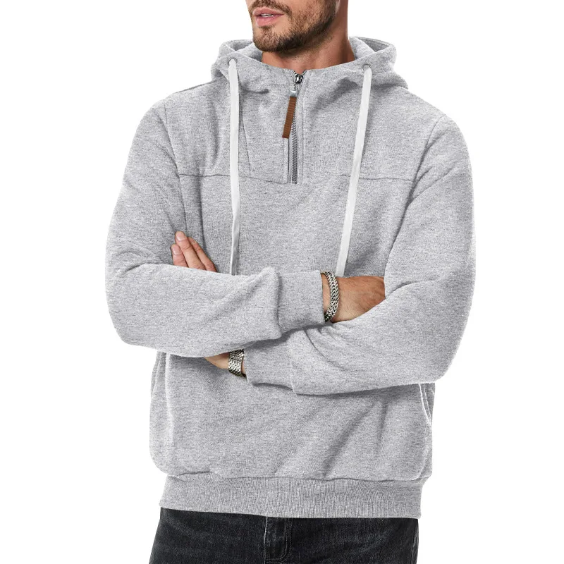 2026 Autumn and Winter Men's Fleece Sleeve Half Pull with Casual Loose Hooded Pullover Sweater
