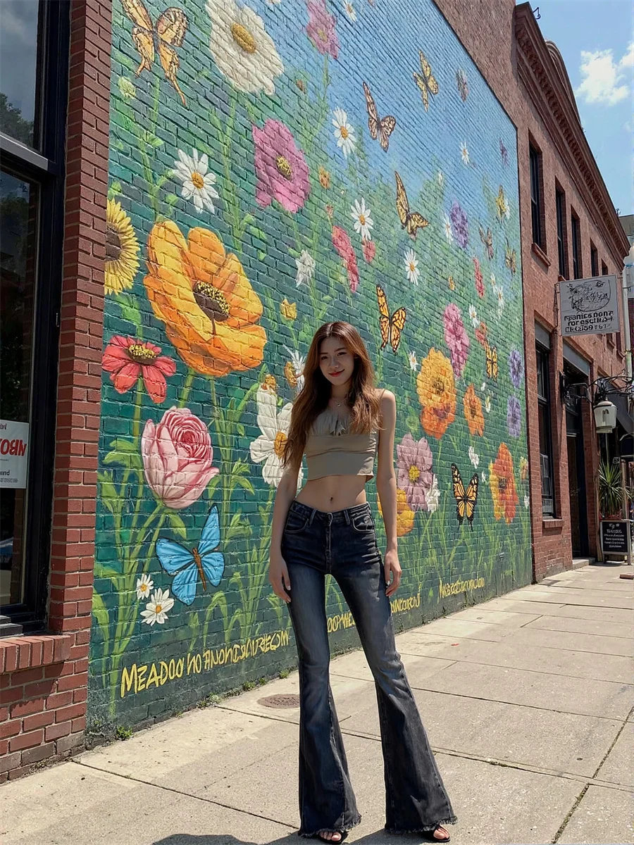 Women'S Low Rise Flared Jeans Blue Oversize Ripped Denim Vintage 2000S Streetwear Fashion Female Baggy Wide Leg Y2K Trousers