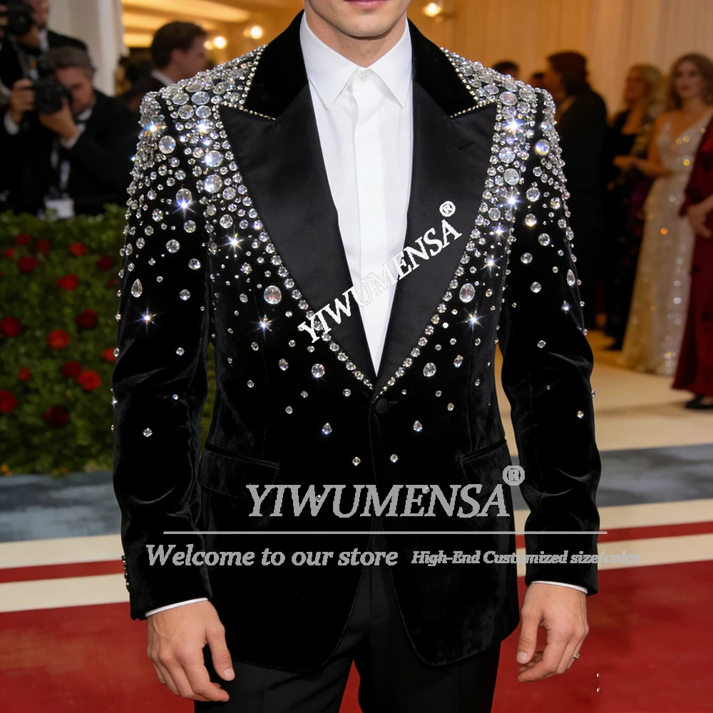 

Элегантные мужские костюмы: черные бархатные пиджаки с бисером и стразами для жениха, индивидуальный пошив, мужские смокинги для банкетов и вечеринок, комплект из 2 предметов, наряды для красной дорожки