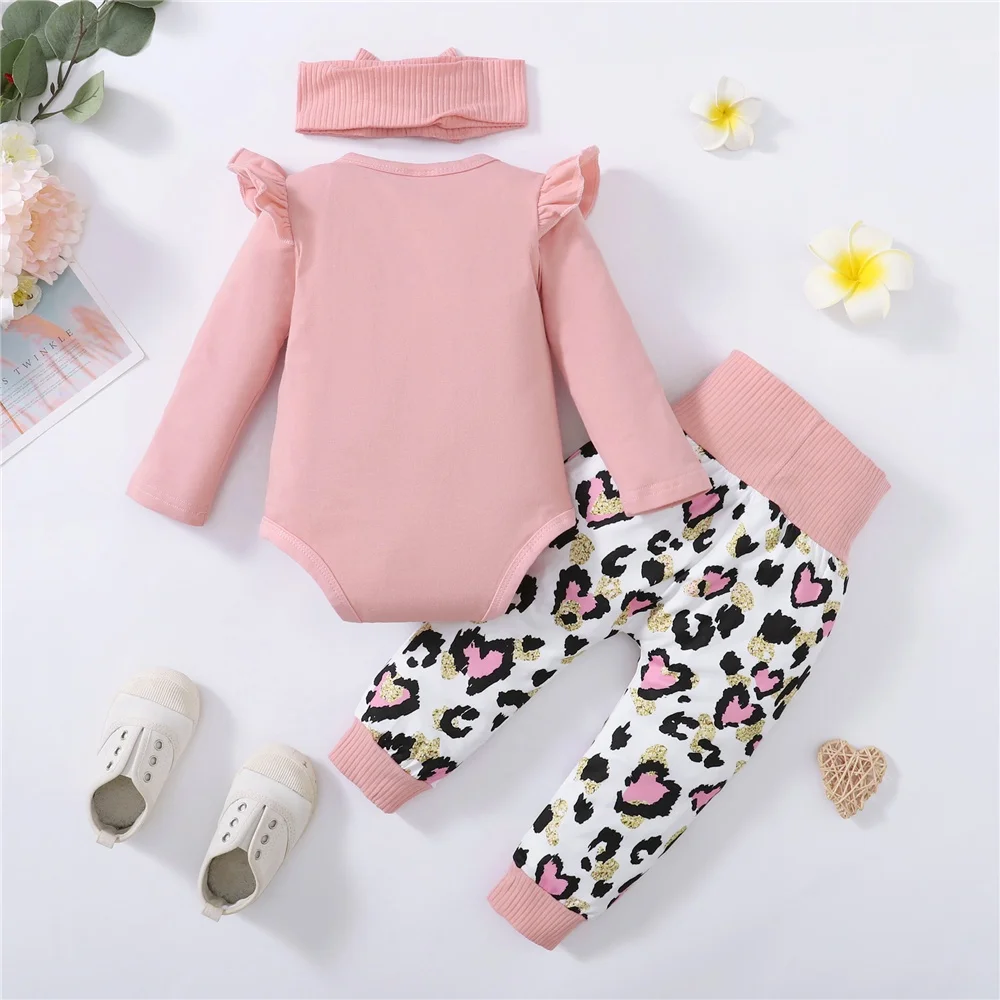 3PCS Newborn Baby Girl Daily Clothes Set Mama Print Long Sleeve Romper Top+Love Heart Print Pant+Headband Lovely Autumn Outfit