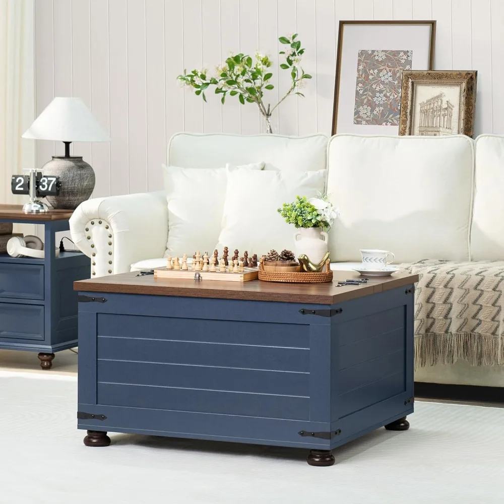 طاولة قهوة مع مساحة تخزين مخفية، طاولة مركزية مربعة بسعة 59 جالون لغرفة المعيشة، طاولات كوكتيل خشبية ريفية مع قلابة