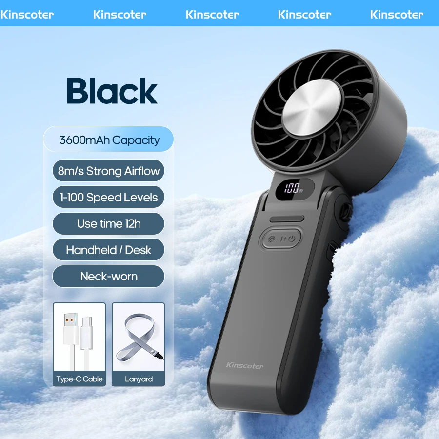 Tragbarer Hochgeschwindigkeits-Kühlventilator 3600mAh Wiederaufladbar 100 Geschwindigkeitsstufen Einstellbarer Mini Faltbarer Luftkühlungs-Turbolüfter & Schlüsselband