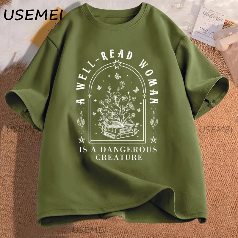 A Well Read Woman Is A Dangerous Creature T Shirt Bookish Merch T-Shirt Book Reader Librarian Tshirt Casual Cotton Clothing