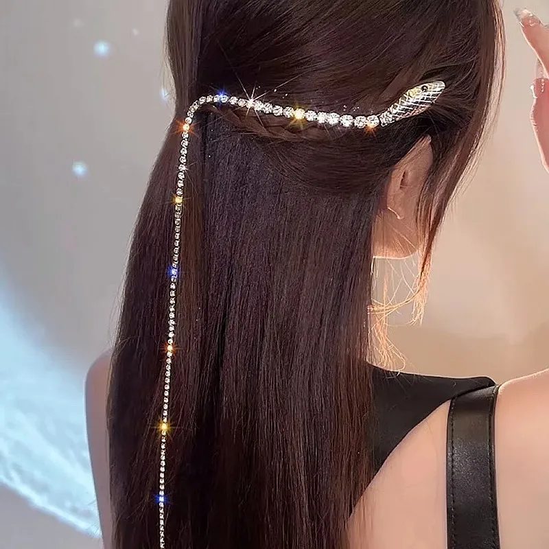 Full Rhinestone Snake Hair Band for Hair Women Long Tassel Crystal Headband Hair Accessories Wedding Accessories Hair Jewelry