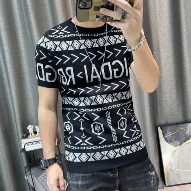 Geometry Pattern Short Sleeve T-shirt Korean Slim Bottomed Shirt Streetwear Top Quality Letter Print Knitted Sweater Tshirt Male