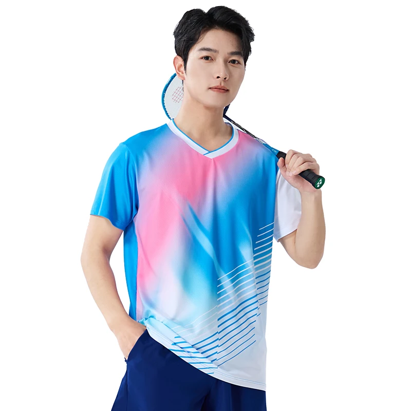Men Print Badminton Tshirts Running Outdoor Fitness Sports Quick Drying Tennis Training Summer  V Neck Workout Short Sleeve