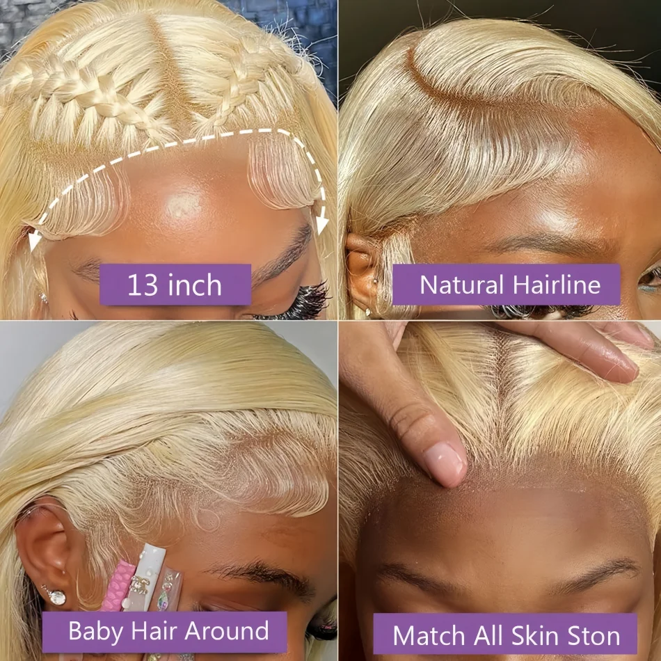 Peruka typu lace frontal HD, blond 613, gęstość 200, transparentna, 13x6, body wave, brazylijskie włosy ludzkie, wstępnie wyskubana, 100% farbowana, naturalny wygląd.
