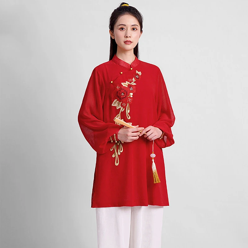 Women's Neo-Chinese Red Tai Chi Uniform Set - Summer Chiffon Linen Blend for Baduanjin, Qigong & Martial Arts, Color Blocking De