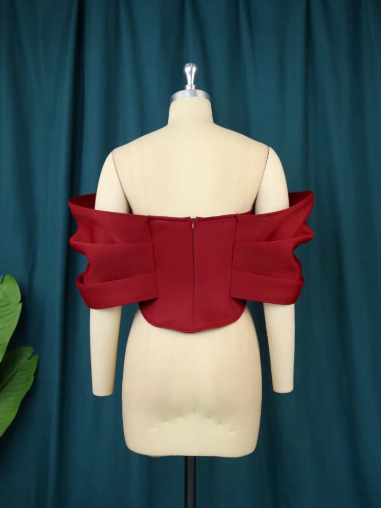 Strapless Tops Plus Size Red Off Shoulder Ruffles Bowtie Short Crop Top Slim Fit Evening Birthday Christmas Curvy Women Blouses