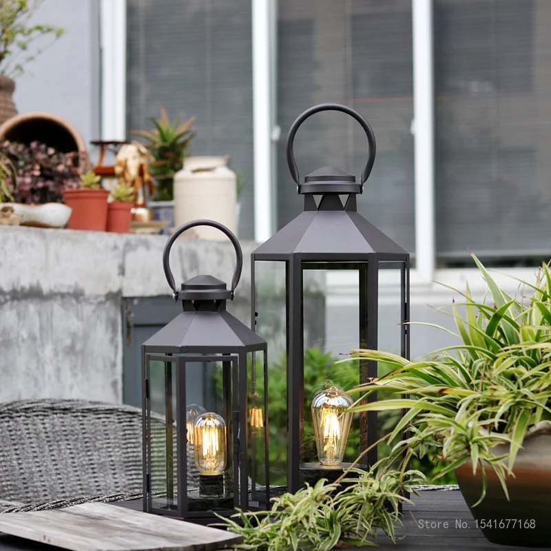 Nordic Outdoor Glass Windproof Candlestick, Wrought Iron, Floor Wind Lamp, Simple Shooting Props, Retro Garden Decor view 4