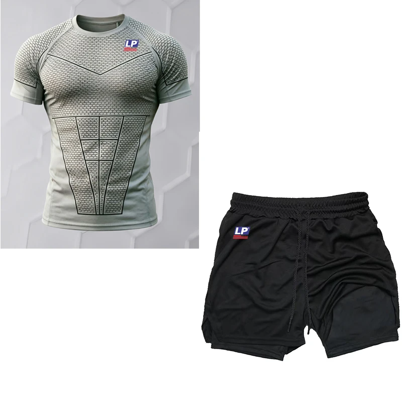 LP SUPPORT Men's Breathable Casual Quick-Dry Double-Layer Shorts + Top - Summer Running and Sports Set - Comfortable and Refresh