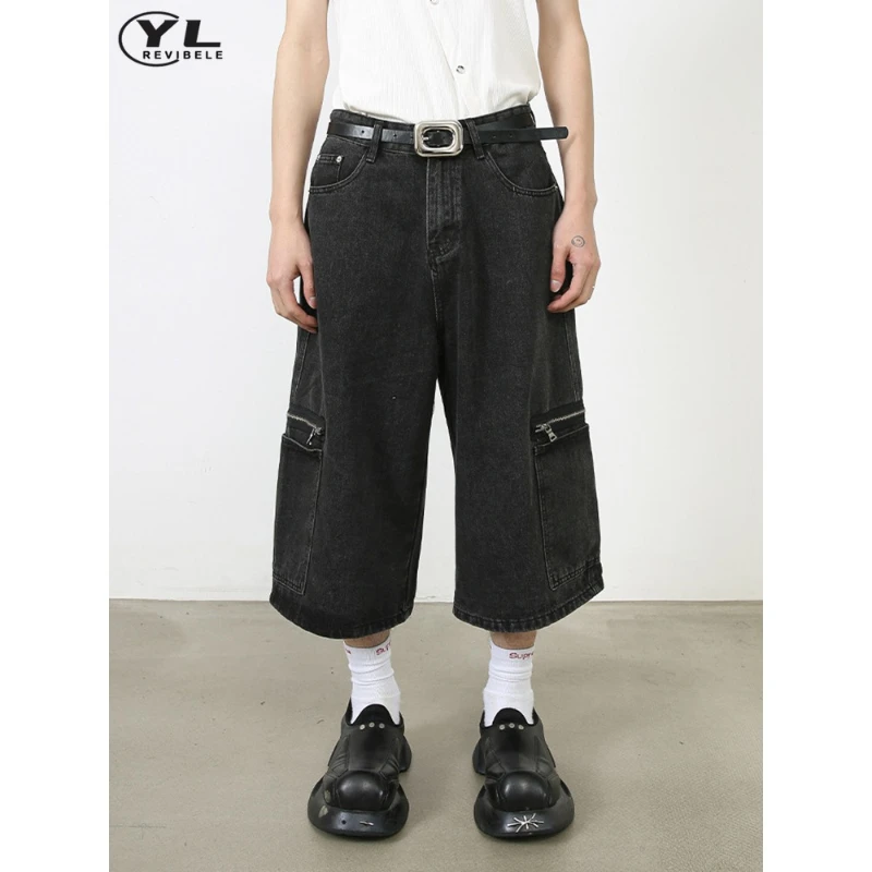 

Hip Hop Zipper Cargo Denim Shorts Men Summer High Street Multi Pocket Baggy Seven-point Pants Casual Black Wide Leg Short Pant