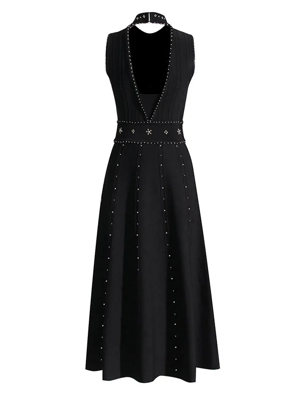 Dames mouwloze jurk met opstaande kraag 2025, zware parels, kralen, slanke, elegante lange rugloze gebreide trui, pulloverjurk