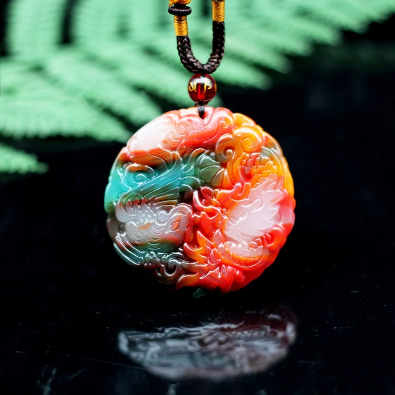 

Natural Color Jade Dragon Phoenix Pendant Necklace Chinese Fashion Jewelry Hand-Carved Charm Amulet for Men Women Lovers Gifts