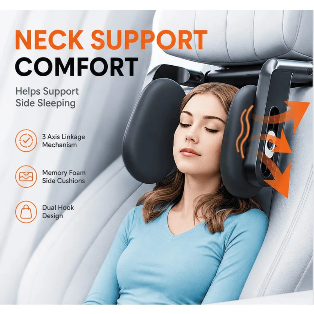 3 Axis Adjustable Car Headrest Pillow For Universal Car Memory Foam Neck Support Side Sleep Cushion Dual Hook Travel Comfort Pad