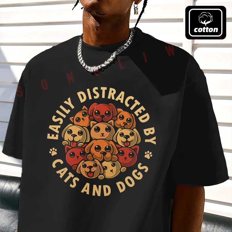 

Easily Distracted By Cats And Dogs Design Moto T-Shirt Men's Black Cotton TShirt New Summer Casual O-neck Short Sleeve Tees