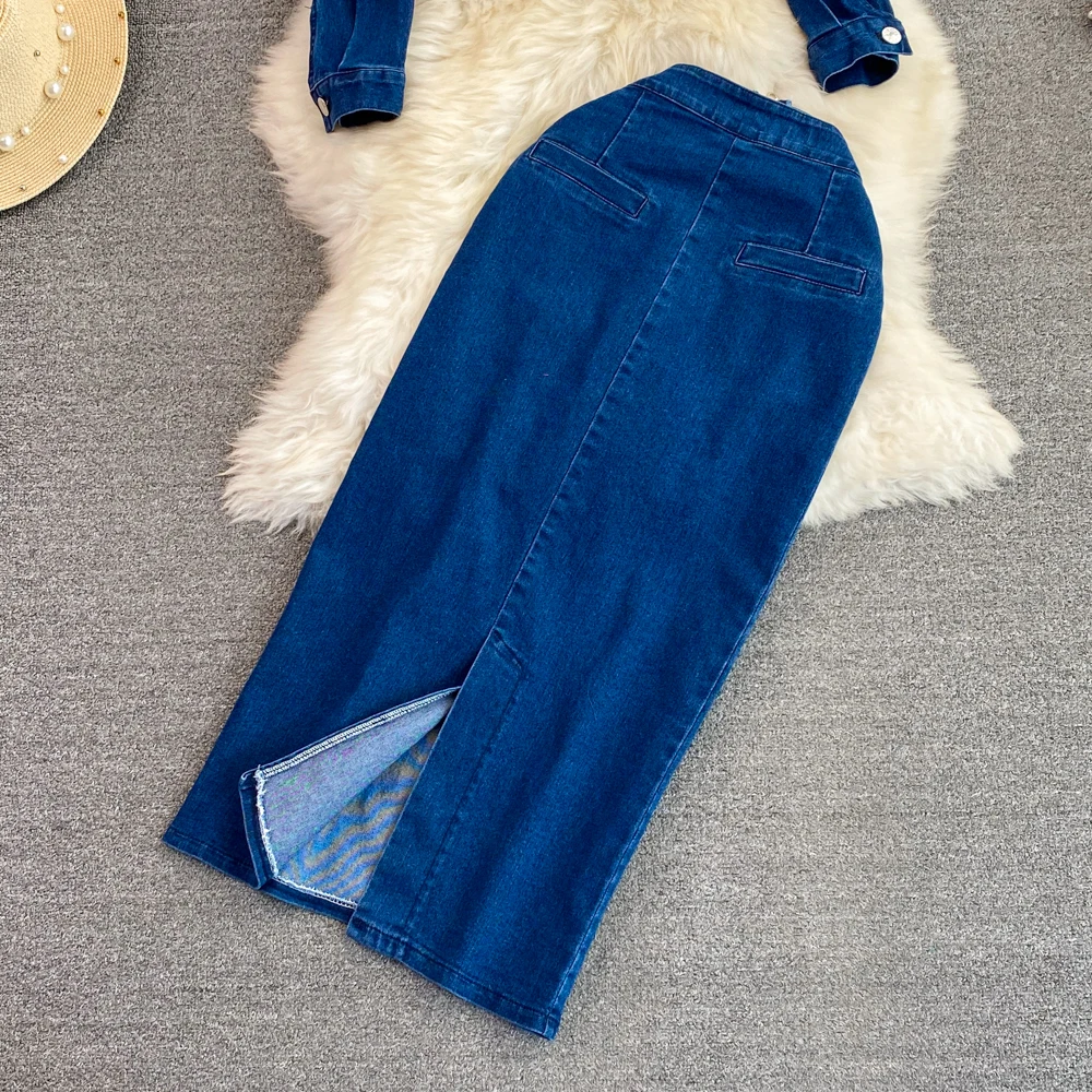 럭셔리 스위트 데님 2피스 세트 여성 의상 레이스 패치워크 데님 재킷 데님 스커트 세트 하라주쿠 긴팔 탑 가을 봄