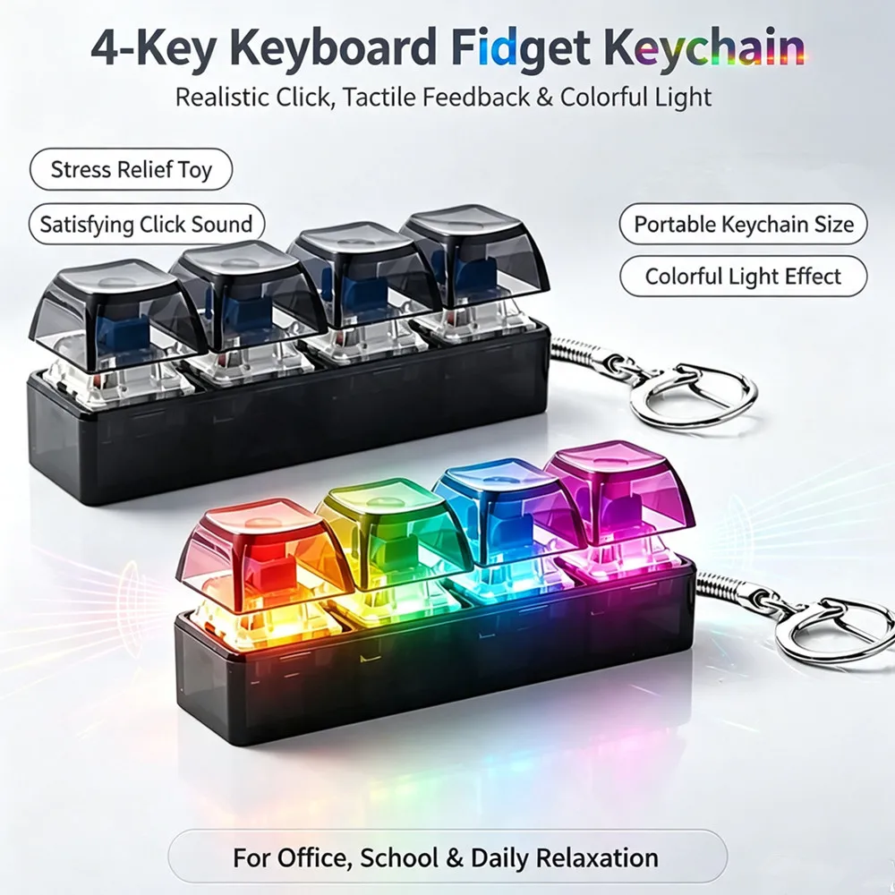 4-Button Fingertip Keyboard Keychain RGB Keyboard Fidget Toy with Lights for Stress Relief Decompression Calming Accessories