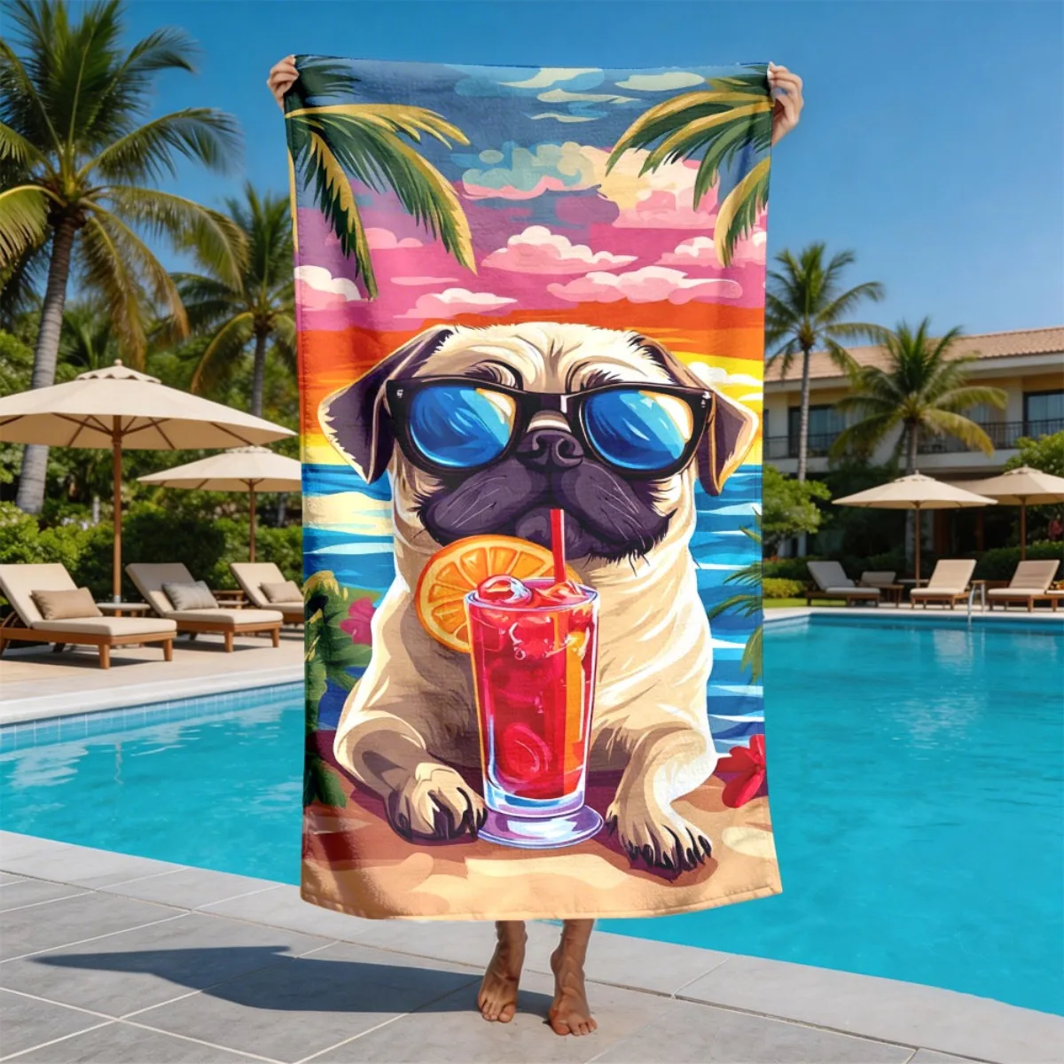 Bulldog Beach Vacation Theme polyester microfiber beach towel is highly absorbent, suitable for swimming and beach outings